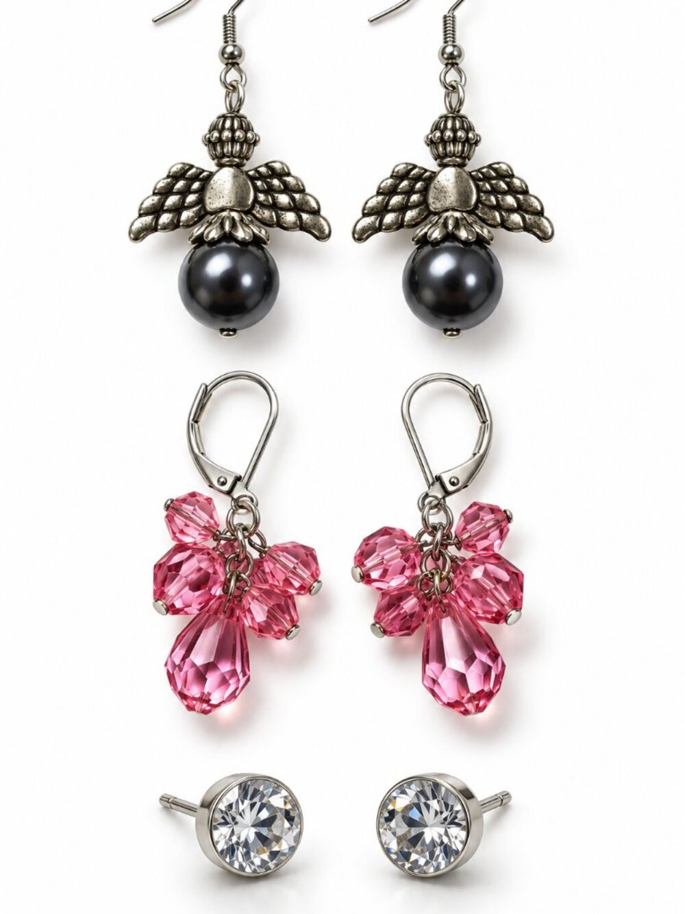3-Pair Earrings Set Angel Rose Bead Rhinestone Studs